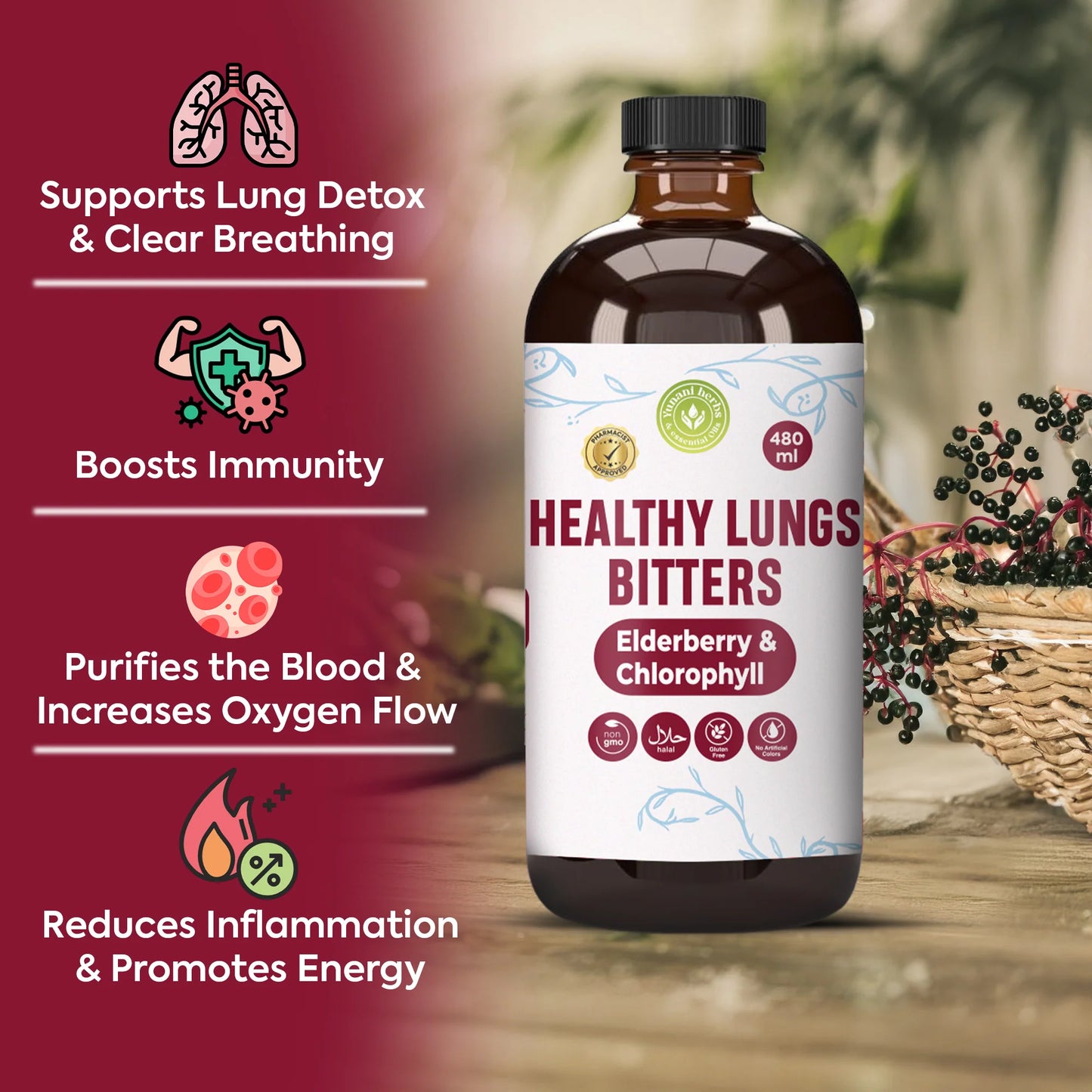 Healthy Lung Living Bitters with Elderberry and Chlorophyl - 16oz