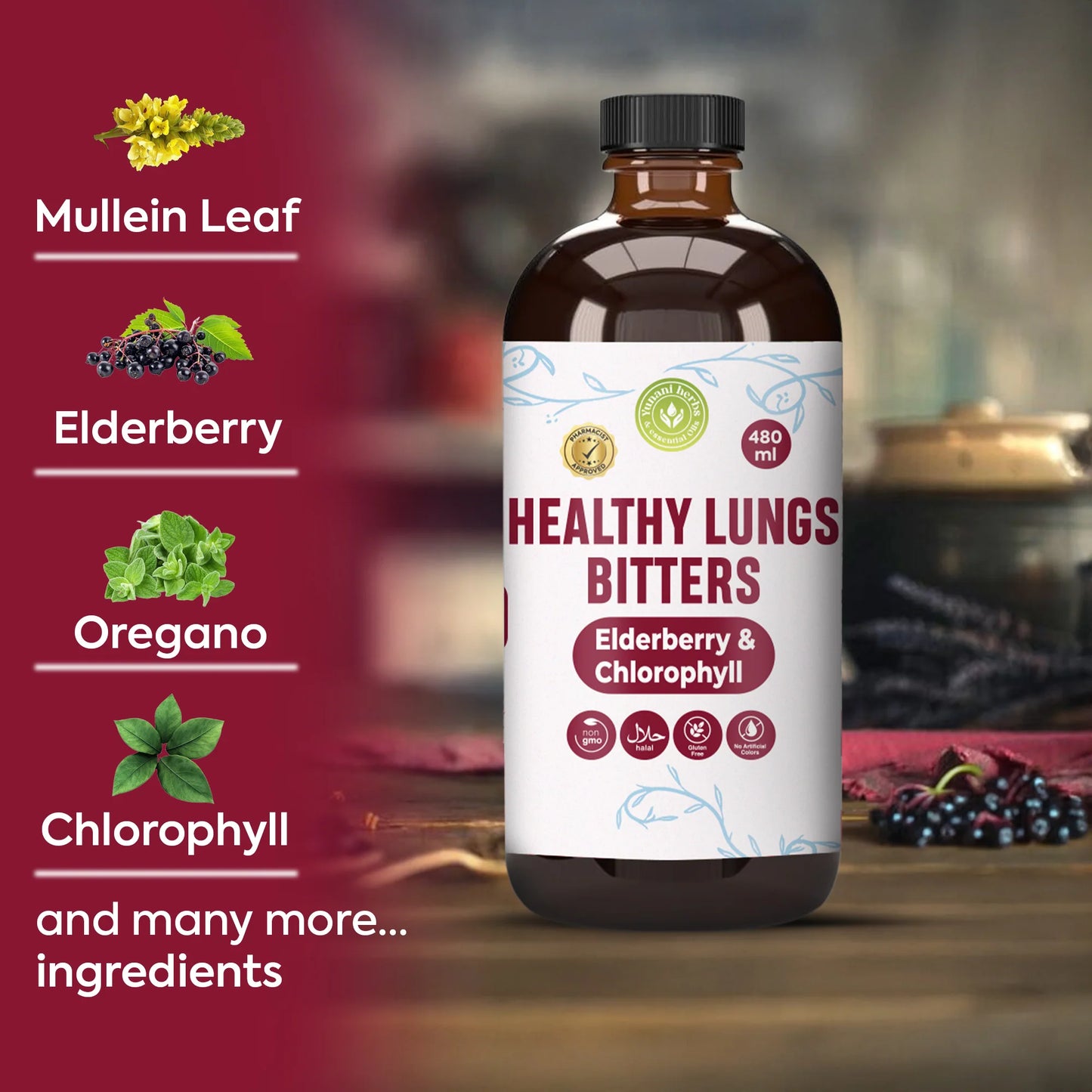 Healthy Lung Living Bitters with Elderberry and Chlorophyl - 16oz
