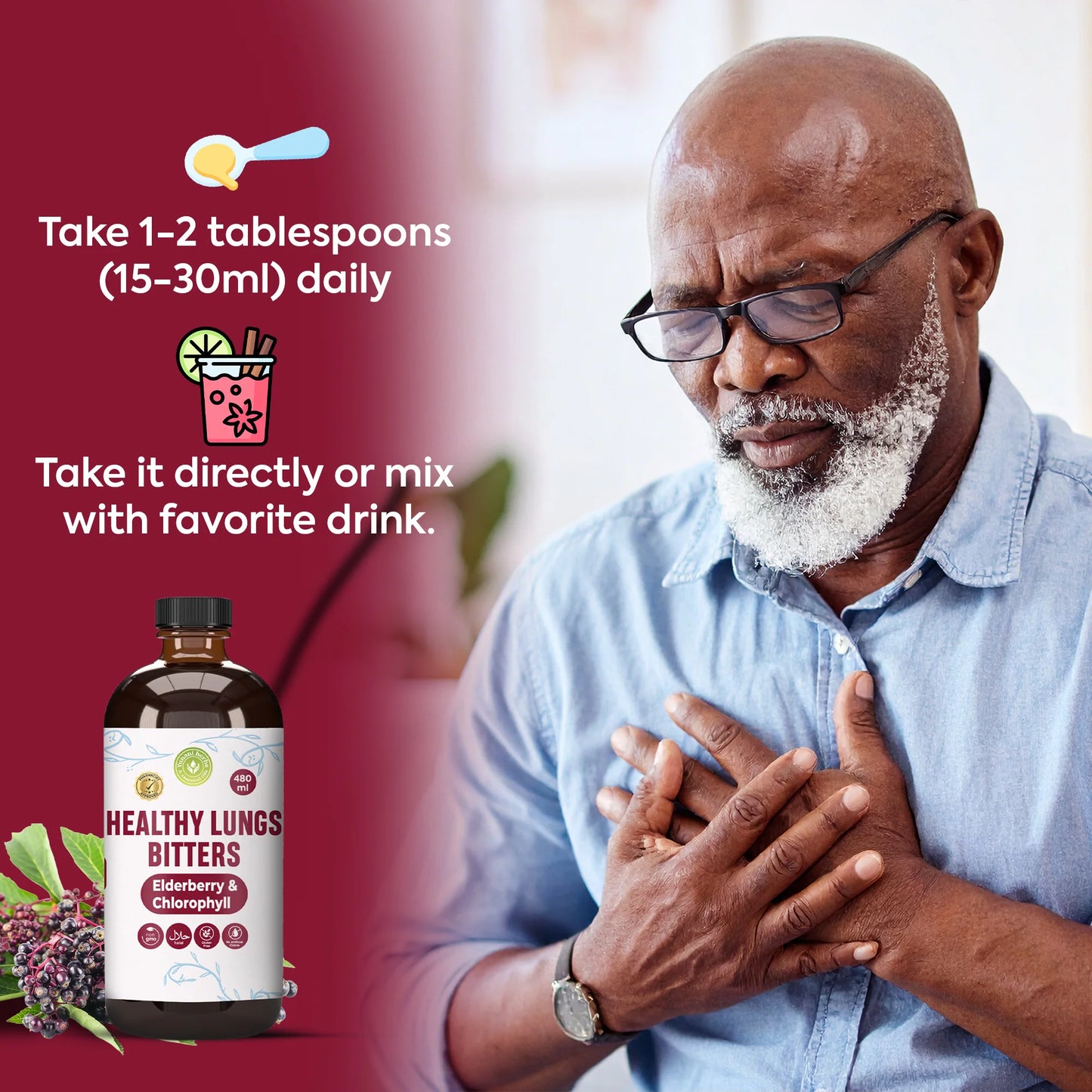 Healthy Lung Living Bitters with Elderberry and Chlorophyl - 16oz