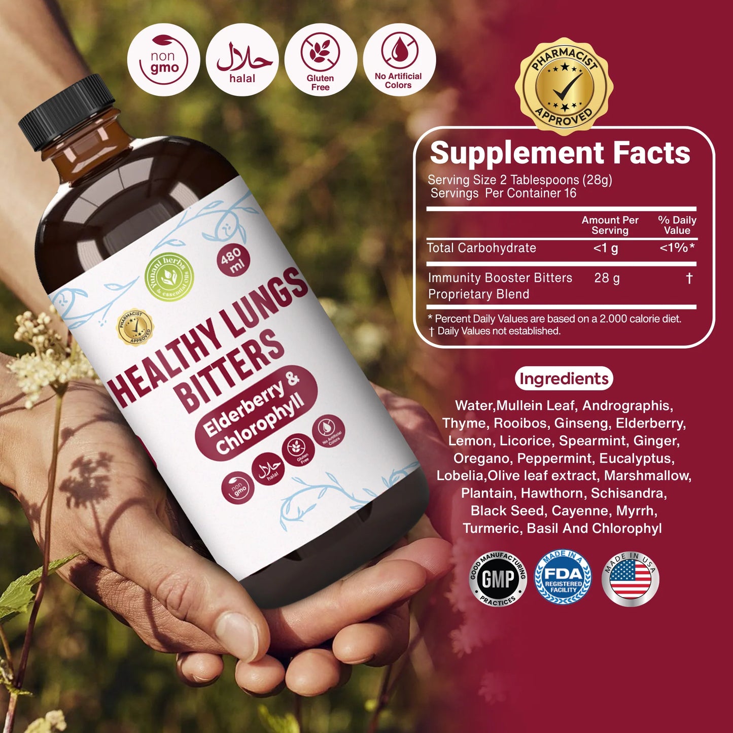 Healthy Lung Living Bitters with Elderberry and Chlorophyl - 16oz